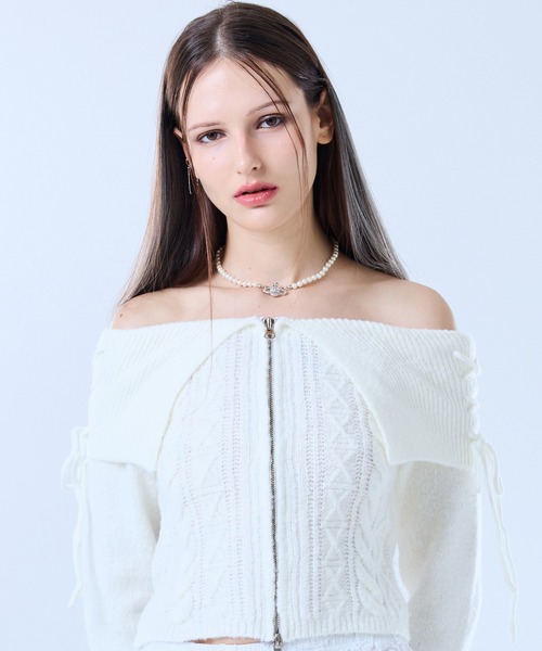 ニット セーター FS RIBBON OFF-SHOULDER KNIT ZIP UP レディース
