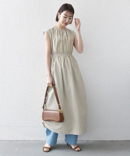 【新品】アンタイトル ボウタイ　フレンチスリーブワンピース　ウエストゴム　洗濯可 ボウタイドレープワンピース(S KHAKI BEIGE): ワンピースanuans