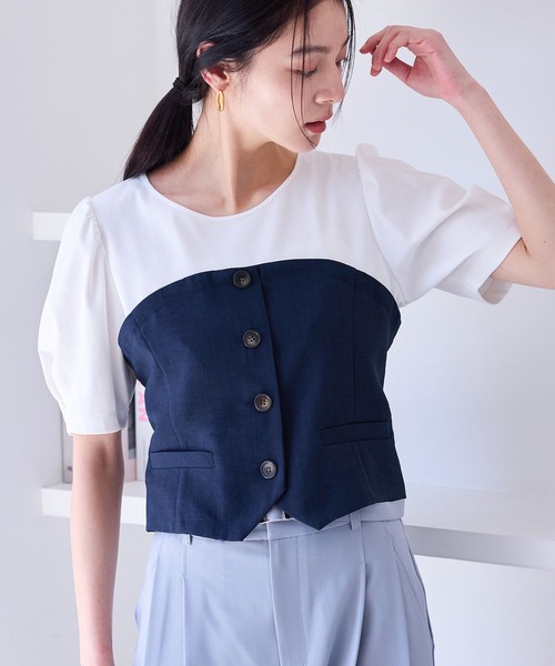tシャツ 「新色追加」「美easy」釦ビスチェTシャツドッキングプルオーバー「接触冷感/洗える」 レディース 新色追加】【美easy】釦ビスチェTシャツドッキングプルオーバー