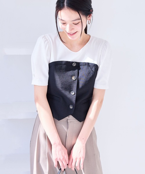 tシャツ 「新色追加」「美easy」釦ビスチェTシャツドッキングプルオーバー「接触冷感/洗える」 レディース 新色追加】【美easy】釦ビスチェTシャツドッキングプルオーバー