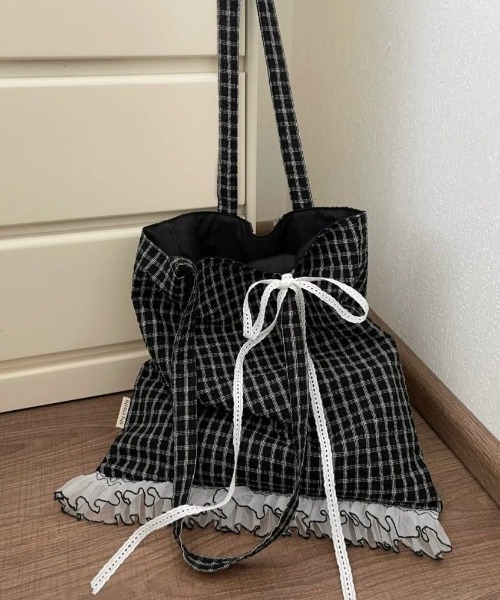 Achic トートバッグ A4サイズ レース リボン ブラックチェックトート