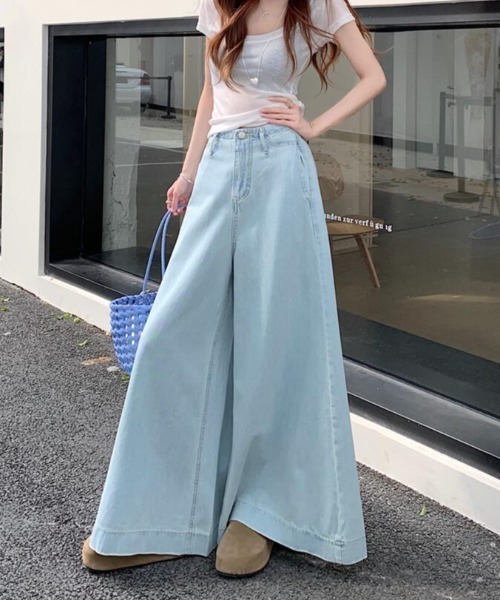 ライトブルー ワイドジーンズ ストレート 美脚 韓国ファッション ジーンズ デニム デニムパンツ シンプルでおしゃれ!ライト