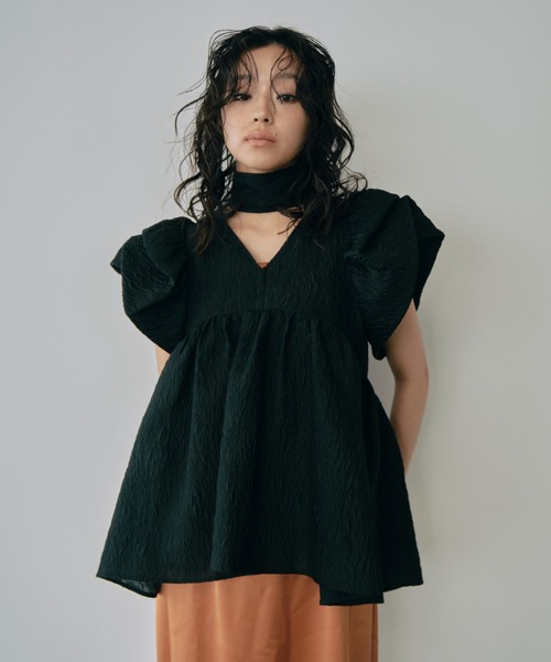ブラウス シャツ sheer jacquard peplum tops / シアージャガードペプラムトップス レディース