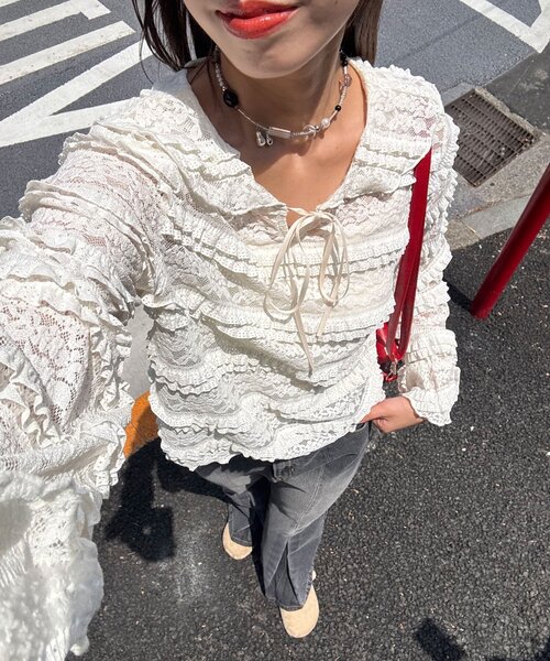 tシャツ セーラーカラーレースフリルトップス レディース