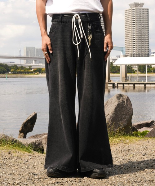 「LURAKU」 加工デニムパンツ LARGE ブラック メンズ