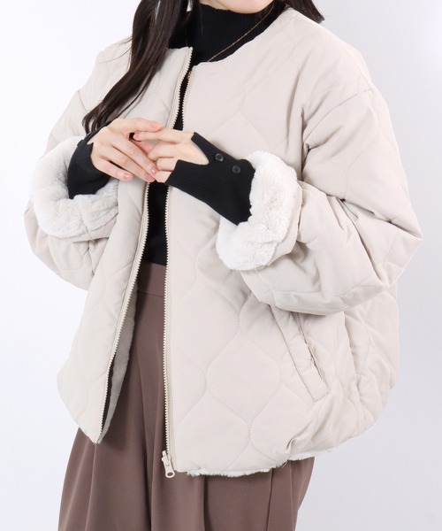 ジャケット ノーカラージャケット ウェーブキルト×フェイクファー