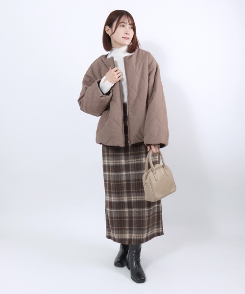 ジャケット ノーカラージャケット ウェーブキルト×フェイクファー