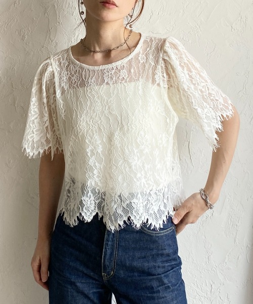 She's Closet tシャツ 半袖 半袖 パフスリーブ ショート丈 シアー