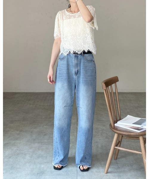 She's Closet tシャツ 半袖 半袖 パフスリーブ ショート丈 シアー