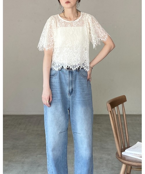She's Closet tシャツ 半袖 半袖 パフスリーブ ショート丈 シアー