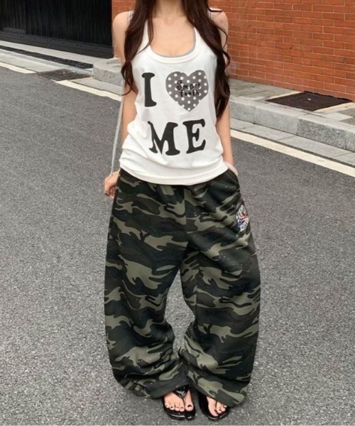 FreeZone ワイドパンツ スウェットパンツ ジャージ グリッター迷彩 裾