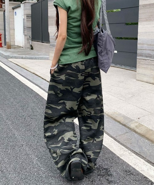 FreeZone ワイドパンツ スウェットパンツ ジャージ グリッター迷彩 裾