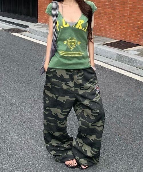 FreeZone ワイドパンツ スウェットパンツ ジャージ グリッター迷彩 裾
