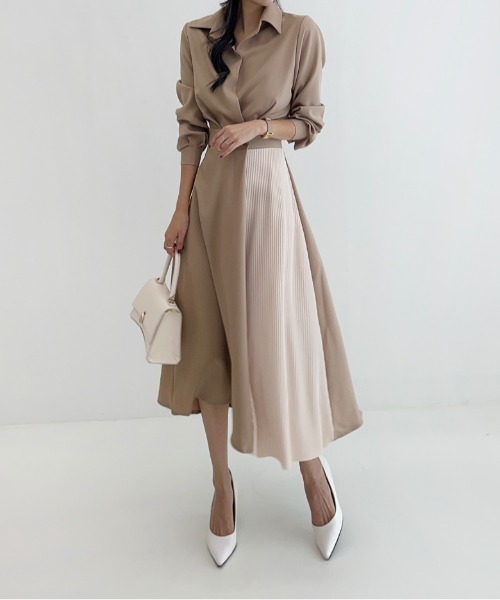 美品 PLEATS PLEASE ワンピース バイカラー切替 ドレス プリーツ N.s ワンピース バイカラープリーツ切り替えワンピース