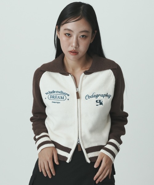 カーディガン (Woman) Color-coordinated collar knit zip-up レディース