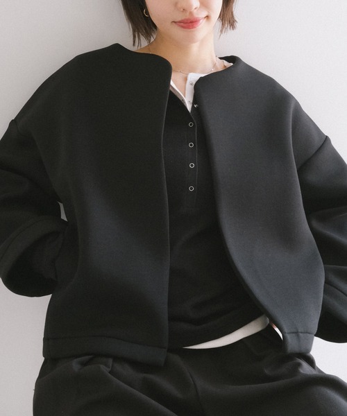 evernavy ジャケット ノーカラージャケット ダンボール ショート