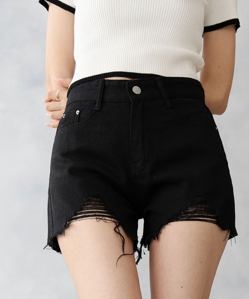 LGB ダメージ加工 ブラックデニムショートパンツ Asterellivi ジーンズ デニム デニムパンツ ダメージ加工クラッシュ