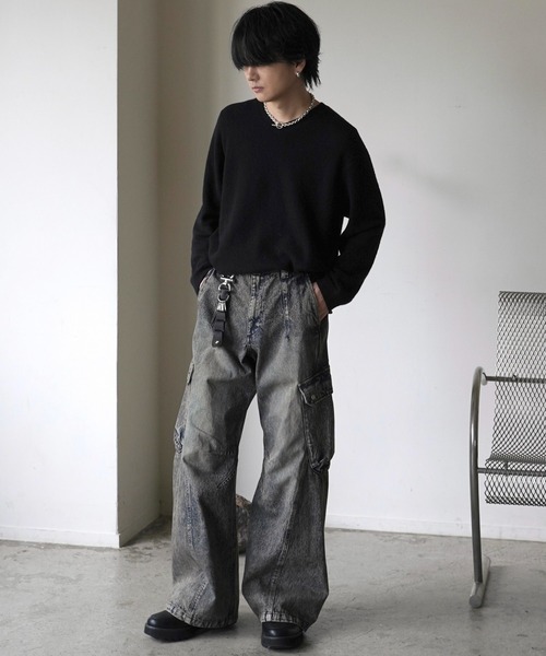 「WYM LIDNM」 加工デニムパンツ L ブラック メンズ