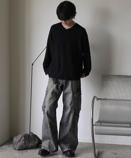「WYM LIDNM」 加工デニムパンツ L ブラック メンズ
