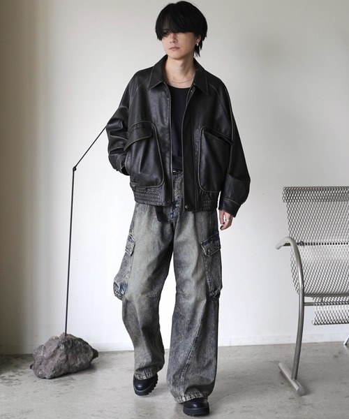 「WYM LIDNM」 加工デニムパンツ L ブラック メンズ