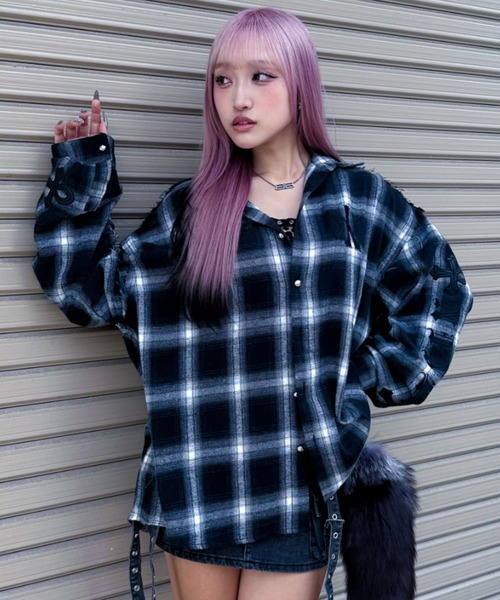 シャツ A'GEM/9 × .kom 「A'GEM/9/エージェムナイン」PUパッチチェックシャツ メンズ レディースの画像