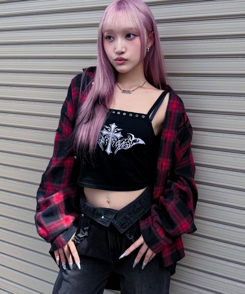 シャツ A'GEM/9 × .kom 「A'GEM/9/エージェムナイン」PUパッチチェックシャツ メンズ レディースの画像