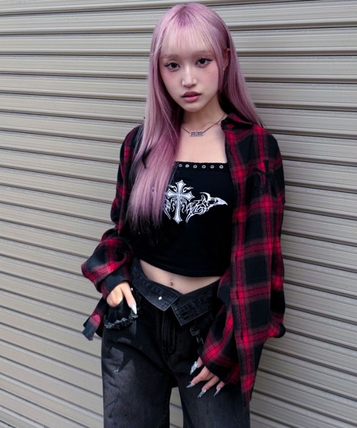 シャツ A'GEM/9 × .kom 「A'GEM/9/エージェムナイン」PUパッチチェックシャツ メンズ レディースの画像