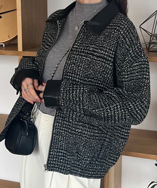 blanveat♡グレンチェックブルゾン STYLEBLOCK（スタイルブロック） ma1 ma-1 グレンチェック柄合成皮革
