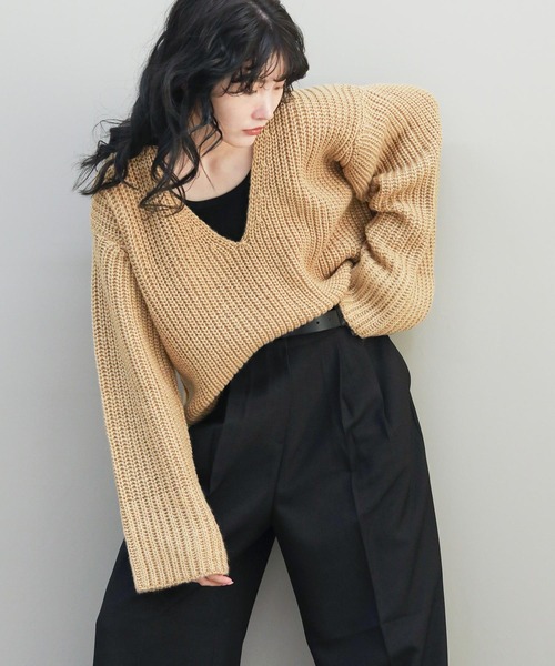 The rejoice ニット セーター 深Vネック畦ニット レディース