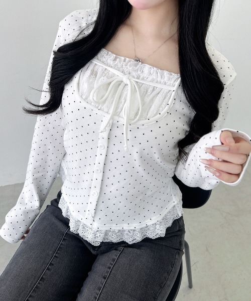 INGNI（イング） tシャツ レースレイヤード風リボン付き長袖リブ 