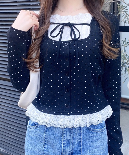 INGNI（イング） tシャツ レースレイヤード風リボン付き長袖リブ