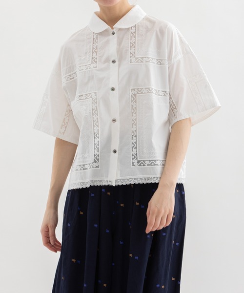 シャツ/ブラウス(半袖/袖なし) jacquard flower frill top Futier Land（フューティアランド） ブラウス シャツ 半袖ジャガード