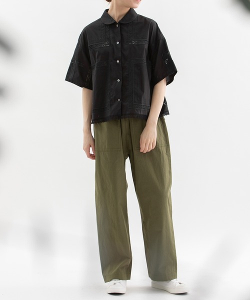 シャツ+ブラウス(半袖+袖なし) vintage racetops moment+ ブラウス シャツ シアーランダムプリーツレトロレースカラー