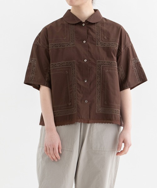 シャツ+ブラウス(半袖+袖なし) vintage racetops moment+ ブラウス シャツ シアーランダムプリーツレトロレースカラー