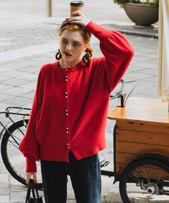 カーディガン ラグランボリュームスリーブ パールボタンニットカーディガン レディース