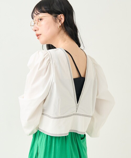 FREAK'S STORE ブラウス シャツ 配色Vネックショートパフブラウス