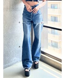 ジェイダGYDAハイウエスト　ストレートワイドデニムパンツ　サイドカット今期XS ジェイダ GYDA H/W SIDE RIPPEDストレートワイドデニム パンツ