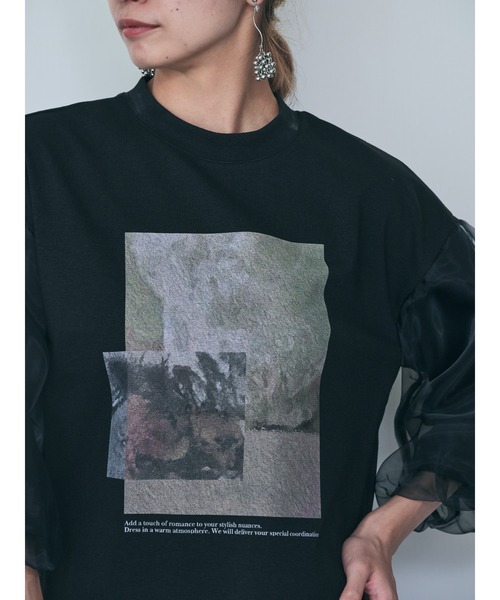tシャツ グラフィックプリントオーガンジースリープトップス レディース