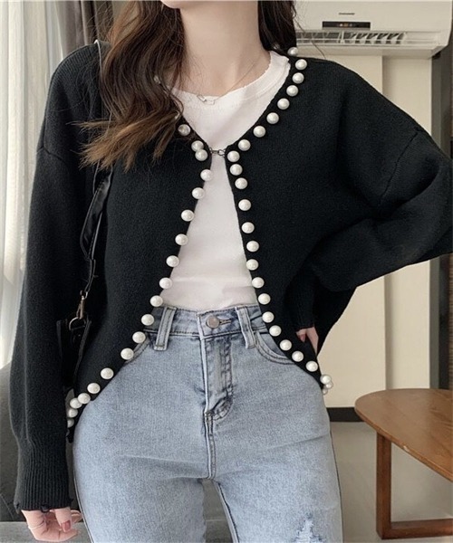 【めっちゃ変わる】 FREE STYLISTS パール付きニットカーディガン カーディガン トップス