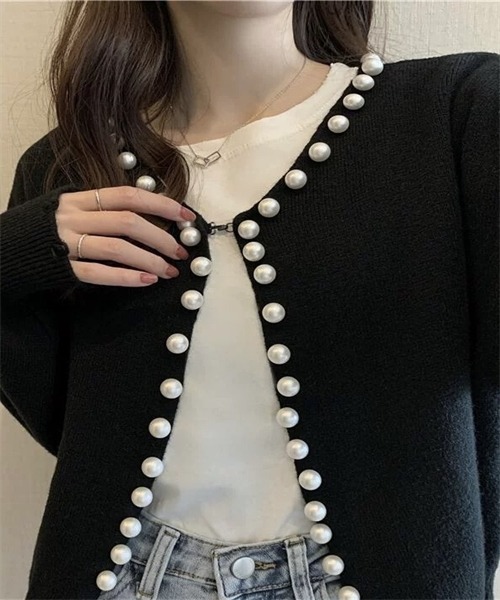 FREE STYLISTS カーディガン パール付きニットカーディガン