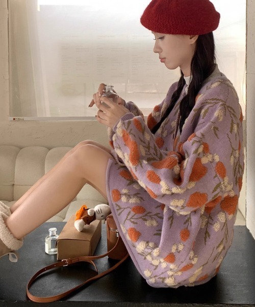 カーディガン 花柄ジャガードカットソーショートカーディガン レディース Anytime Songs カーディガン フラワージャガード柄 襟付き
