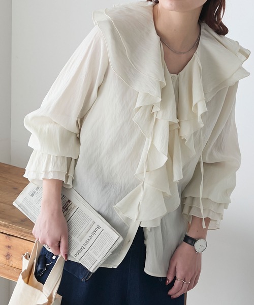 GUCCI シルク ラッフルシアーブラウス　パールボタン　リボン　フリル jaranth-10.jpg