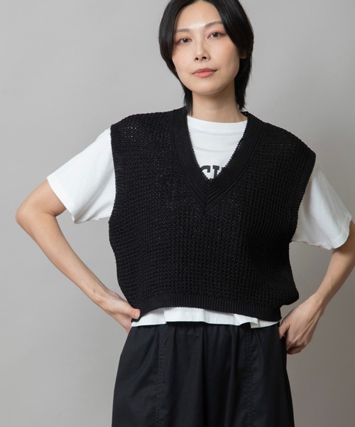 ベスト ジレ コットンニットVネックジレ レディース