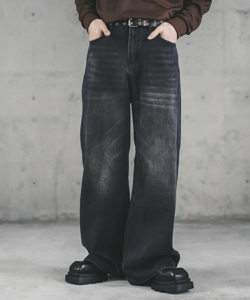 お洒落 ウォッシュド ブラック ワイド ストレートデニムジーンズ Shoowtime ジーンズ Vintage wash wide straight denim pants
