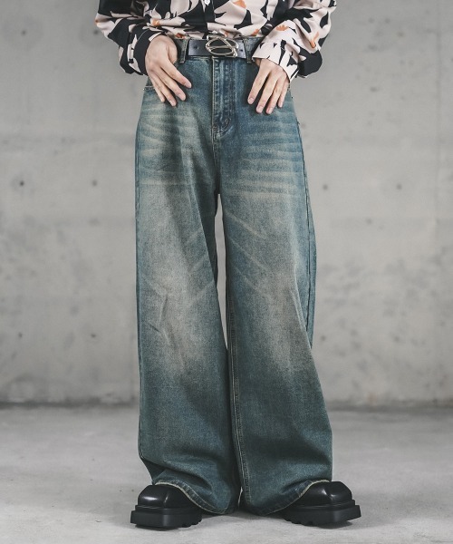 メンズ デニムパンツ ワイドデニム しわ加工 ストリート a1056 FREAK'S STORE ジーンズ FREAK'S STORE/フリークスストア ワイド
