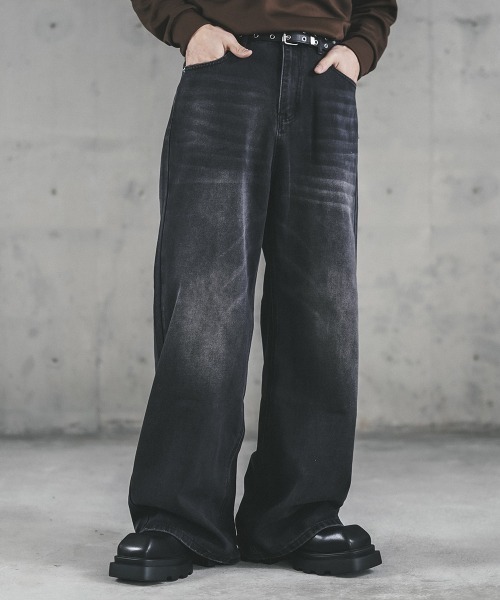 ストレートパンツ ウォッシュドジーンズ デニム アメリカン ワンフォークロージング 1111clothing デニムパンツ スリム