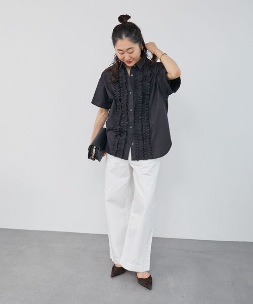 【美品】COLUMN フリル袖 ブラックシャツ 半袖 le.coeur blanc（ルクールブラン） ブラウス シャツ 「1枚で着映え