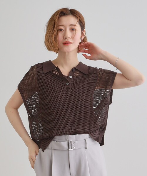 ニット セーター 取り入れるだけで旬顔 メッシュ編みポロニット レディース | grove | 02
