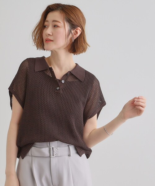 ニット セーター 取り入れるだけで旬顔 メッシュ編みポロニット レディース | grove | 10