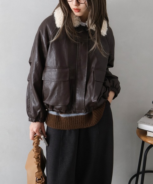 jenasisファーアウター　襟レザー SpRay（スプレイ） ブルゾン アウター ファー衿フェイクレザーブルゾン